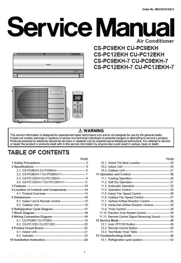 CS-PC9EKH, CS-PC12EKH, CS-PC9EKH-7, CS-PC12EKH-7, CU-PC9EKH, CU-PC12EKH, CU-PC9EKH-7, CU-PC12EKH-7
